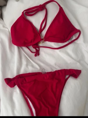 Röd trekantsbikini med knyt - Snygg röd bikini med trekantsmodell och knyt i både topp och trosa. Bikinin har små guldfärgade detaljer och är perfekt för sommaren. Materialet känns mjukt och stretchigt, vilket gör den bekväm att bära på stranden eller vid poolen.