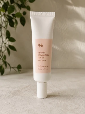 Dr.Ceuracle Vegan Kombucha Tea BB SPF30 - Testad en gång. BB-cream i tub från Dr.Ceuracle med vegansk formula och kombucha-teextrakt. Ger lätt täckning och har SPF30 PA++ för solskydd. Tuben är vit med ljusrosa etikett och rymmer 30 ml. Perfekt för en naturlig och fräsch bas.
