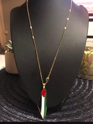 Palestina flagga karta Guldhalsband med flaggberlock - Snyggt halsband i guldfärgad metall med en hängande berlock i form av en flagga i färgerna rött, vitt, svart och grönt. Kedjan är tunn och elegant, perfekt för att ge din outfit en personlig touch.