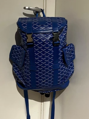 Blå mönstrad gooyard ryggsäck med sidofickor - Snygg blå ryggsäck med vitt grafiskt mönster och två praktiska sidofickor. Väskan har justerbara axelband, metallspännen och ett lock med remmar. Tillverkad i ett glansigt material som ger en exklusiv känsla. Perfekt för dig som vill sticka ut med din stil.