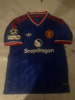 Manchester United blå matchtröja - Snygg blå Manchester United matchtröja från Adidas med röda detaljer och vita tryck. Tröjan har klubbmärke, Champions League-märke på ärmen och sponsorlogga på bröstet. På ryggen står det B. Fernandes och nummer 8. Perfekt för fotbollsfans!