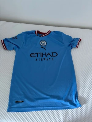 Manchester City matchtröja Haaland - Snygg ljusblå Manchester City matchtröja från Puma med Haaland och nummer 9 på ryggen. Tröjan har klubbmärke på bröstet, Etihad Airways-tryck och detaljer i vitt och vinrött på krage och ärmslut. Perfekt för fotbollsfans!