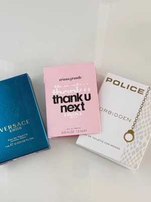 Parfymprover Ariana Grande, Versace & POLICE - Tre oanvända parfymprover: Ariana grande thank you next 1.5 ml, Versace Eros edt 1ml och POLICE forbidden edt 2ml (discontinued)