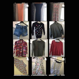  - Säljer detta! Tre långklänningar i damstorlek, jeansshorts, tröjor/ en militärgrön hoodie/ skjorta, kjol & klänning & jumpsuit i barnstorlek! Hör av er vid intresse, tydligare bilder, pris samt storlek!☺️