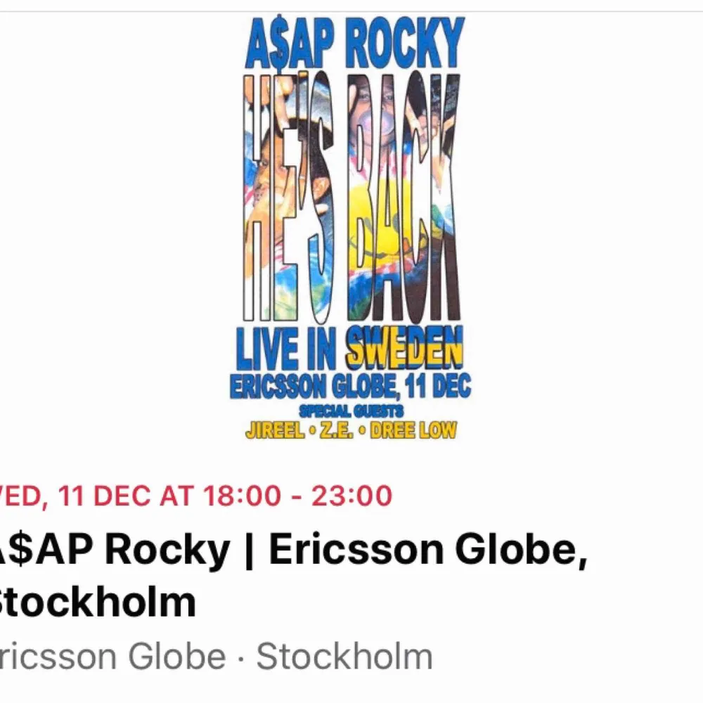 Säljer en (två om du vill ha) ståplats biljett till A$AP Rocky konsert i Stockholm den 11/12. Kom med bud! Ligger på 750 just nu. . Övrigt.