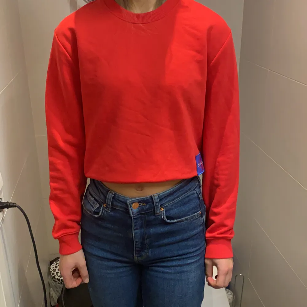 Röd Calvin Klein tröja med blått märke på sidan i strl Xs, aldrig använd förutom när vi skulle ta bilden✨. Tröjor & Koftor.