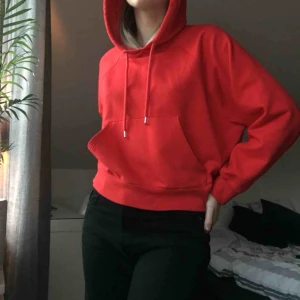  - Röd hoodie från Monki i fint skick! Den är lite croopad. Storlek XS men passar även S. Köparen betalar frakt.
