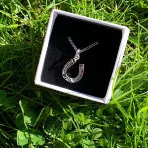 Halsband i silver med berlock i form av en hästsko. 925, kedjan är 50 cm. 