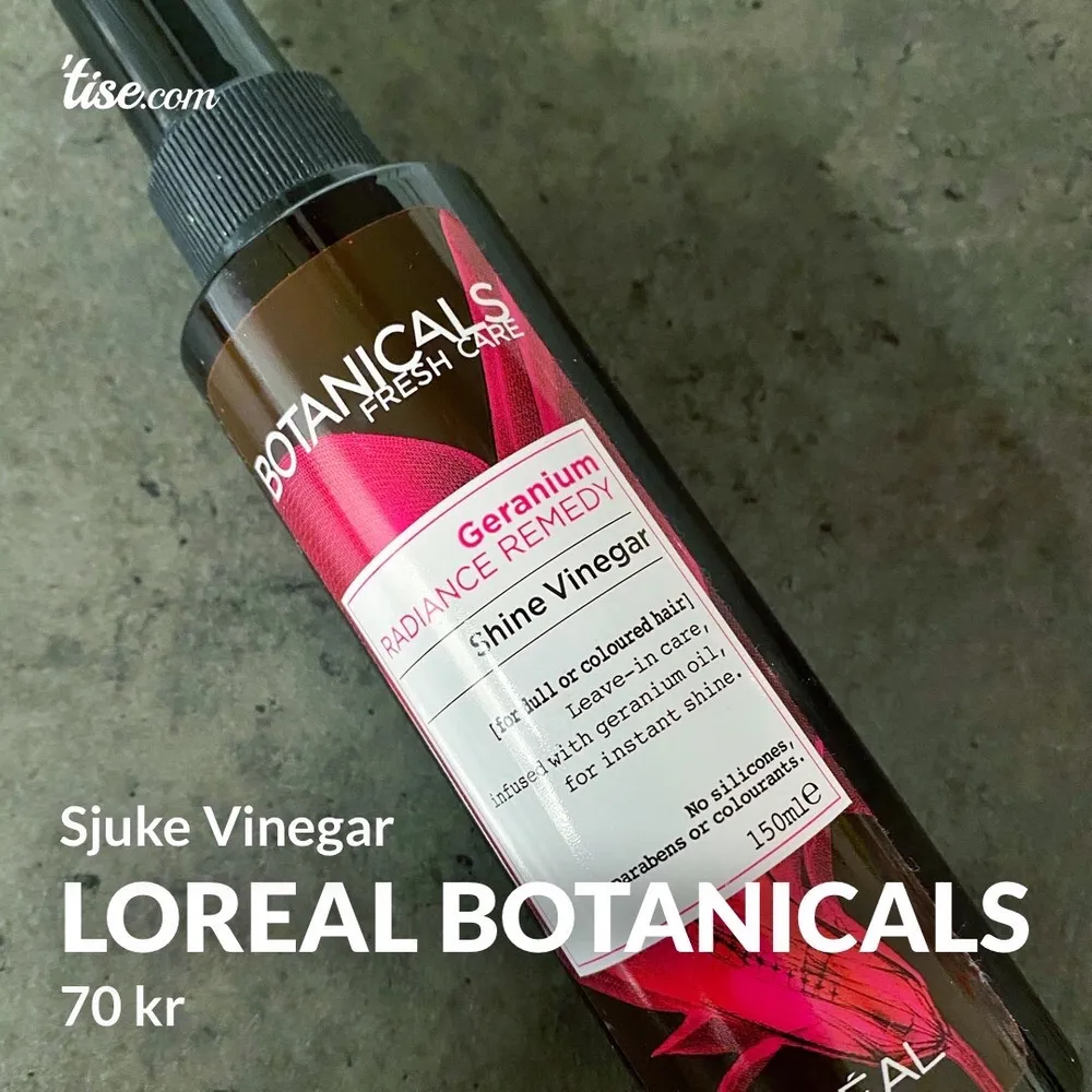 Oöppnad och oanvänd Shine Vinegar från Loreal Botanicals.   En glansgivande leave-in-booster för dig med färgat hår eller som upplever att håret känns matt och saknar glans. Olja från geranium, soja och kokos som mjukgör, tillför antioxidanter samt ger förnyad glans till ditt hår.  . Övrigt.