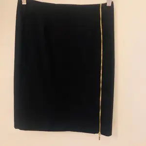 Svart kjol med guldfärgad dragkedja framtill på sidan. Längd: strax ovanför knät, figursydd, köparen står för frakten 🌸