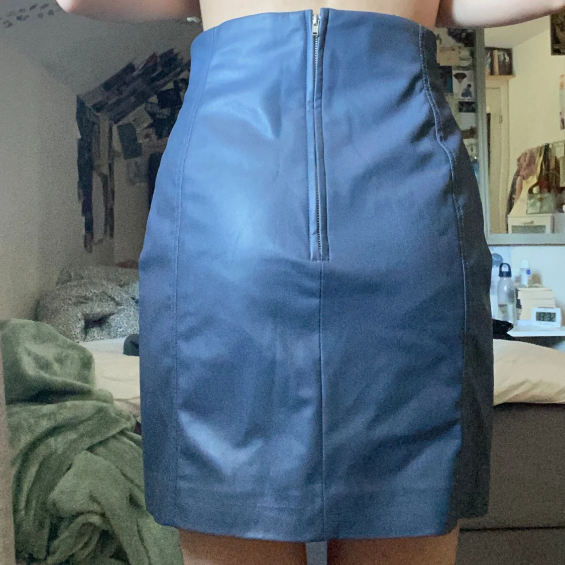 Blå / grå läderkjol med hög midja - 90