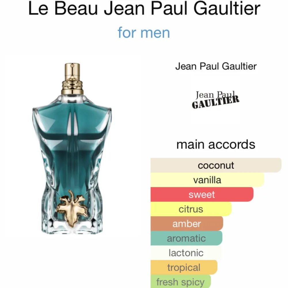2 ML sample av Jean Paul Le Beau. Le Beau är en sommarparfym som har dofter av kokosnöt, vanlij och citrus. Le Beau är även en söt parfym och är perfekt att ha på en varm sommardag!. Övrigt.