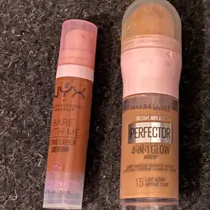 1. NYX Bare with me concealer serum - använd få gånger som bronzer men fungerar inte på mig. Färg =Mocha 90kr 2. MAYBELLINE 4-in-1 glow köpte för en vecka sen men för ljus färg, endast testad på handen. Färg= 1.5 light medium 150kr