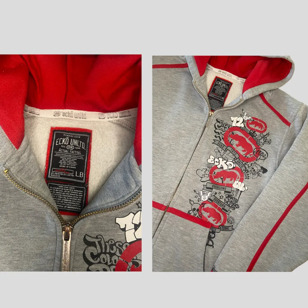Vintage ecko unlimited zip hoodie i grå färg med röda fina detaljer, priset är diskuterbart, tveka inte på att höra av dig vid frågor 🤝. Hoodies.