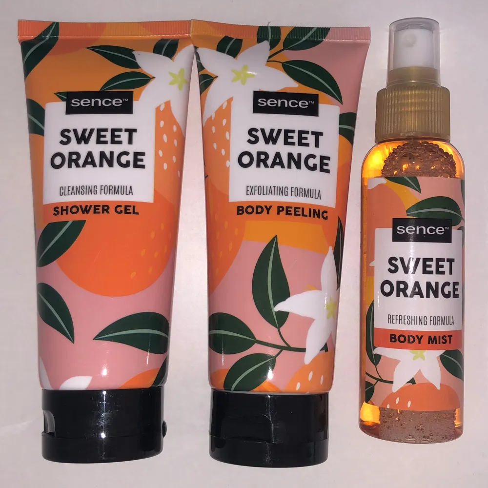 shower gel, body peel & body mist i doften sweet orange | helt nya & oöppnade . Skönhet.