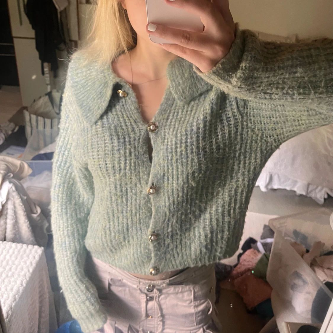 Grön stickad kofta - 90