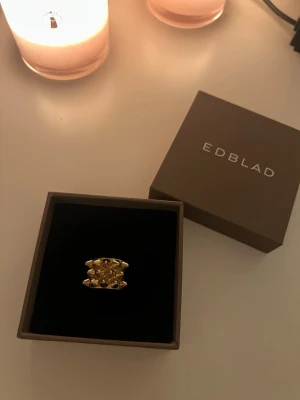 Edblad guldring - Säljer denna stilrena ring ifrån edblad då den inte kommer till användning. Ringen har tappat lite färg, mest på undersidan vilket inte är något som syns. Storlek 18,5, passar mig med smala fingrar på ringfingret💞
