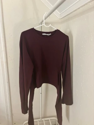 Vinröd croppad topp med knytband - Säljer en vinröd croppad topp från Bik Bok med långa ärmar och breda knytband i midjan. Toppen har en enkel, stilren design och är gjord i mjuk bomull. Perfekt att styla med höga jeans eller kjol för en trendig look.