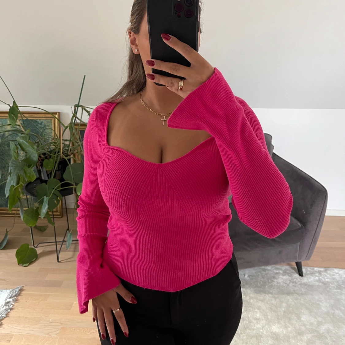 Ribbad rosa långärmad topp - 1