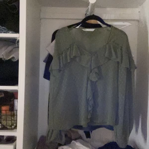 Grön blus med volanger från Zara - Säljer en grön blus från Zara i storlek M. Blusen har volangdetaljer längs axlar och bröst, samt knytband framtill. Materialet är lätt och har ett diskret rutmönster. Använd ytterst lite! 