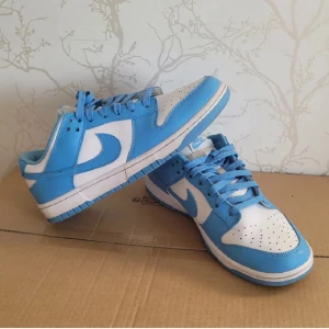 Nike Dunk Low blå och vita sneakers - Snygga Nike Dunk Low sneakers i blått och vitt med klassisk design. Skorna har snörning, platt sula och rund tå. Perfekta för dig som vill ha en stilren och sportig look. Tillverkade i skinn och syntetmaterial.