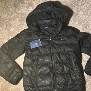 Svart pufferjacka från GANT med huva - Svart pufferjacka från GANT med avtagbar huva och dragkedja framtill. Jackan har quiltad design, två sidofickor och elastiska muddar vid ärmslut. Materialet är syntet och polyester, perfekt för kalla dagar. Snygg och stilren look med diskret GANT-logga på bröstet. Barn storlek 152/12år.