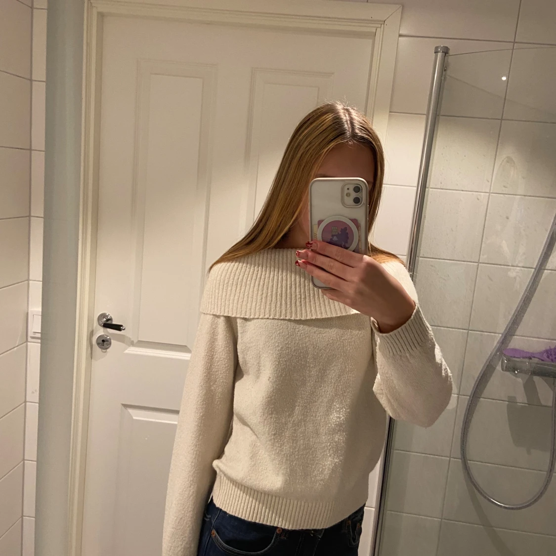 Offshoulder vit stickad tröja H&M