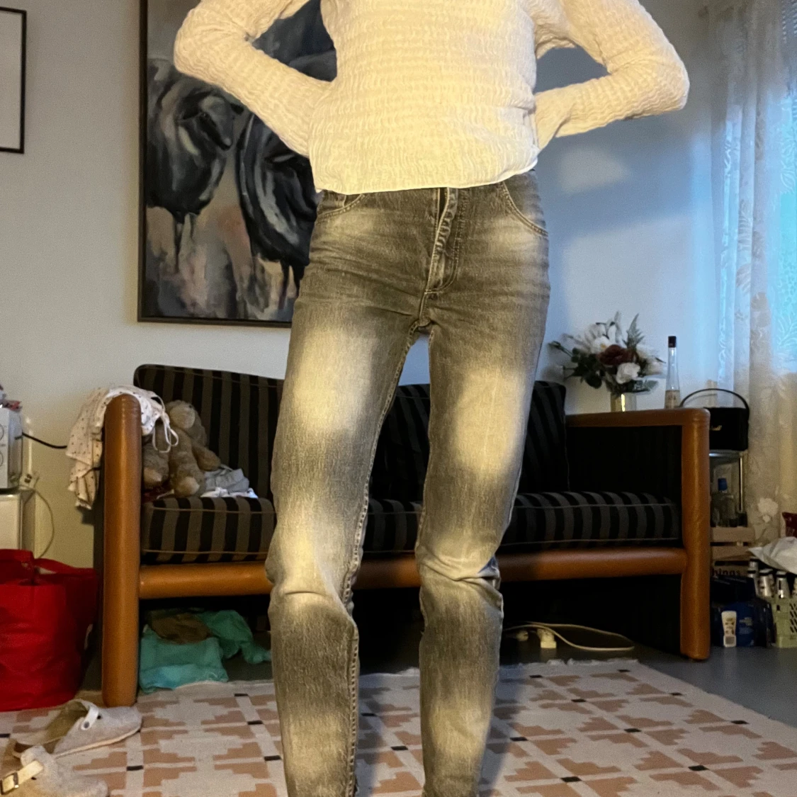 Gråa högmidjade straight jeans - 1