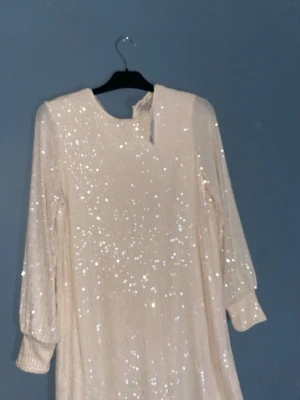 Champagnefärgad glittrig klänning H&M - Champagnefärgad långärmad klänning från H&M i storlek M. Klänningen har ett glittrigt tyg med paljettdetaljer och ribbad struktur. Rund halsringning och lätt puffade ärmar ger en snygg siluett. Perfekt för dig som vill sticka ut.