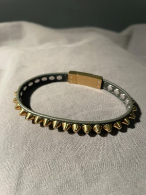 Brunt/guld nitarmband från Edblad - Säljer ett brunt armband från Edblad med guldfärgade nitar runt hela bandet. Armbandet är gjort i skinn och har ett metallspänne med Edblad-loggan ingraverad. Perfekt accessoar för dig som gillar en edgy stil.