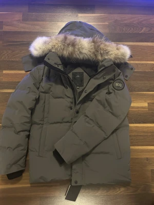 Grå Canada Goose dunjacka med päls - Säljer en grå dunjacka från Canada Goose med stor huva och fluffig pälsdetalj. Jackan har svarta detaljer, patch på ärmen och dragkedja med knappar framtill. Perfekt för kalla dagar och har en clean, modern look. Passar S-M