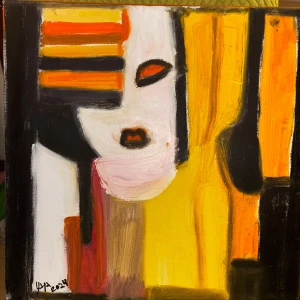 ”Halloween” målning av Yaya - Färgstark och modern målning i akryl  med ett abstrakt ansikte i orange, gult och svart. Perfekt för dig som gillar unika och kreativa uttryck! Signerad av konstnären Yaya 2024. Inspirerar till nya perspektiv och passar både som inspiration och dekoration.