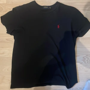 RL t-shirt - En svart t-shirt från Ralph Lauren med röd broderat märke på bröstet. Tröjan är i bra skick och passar för någon som gillar en stilren trendig look.