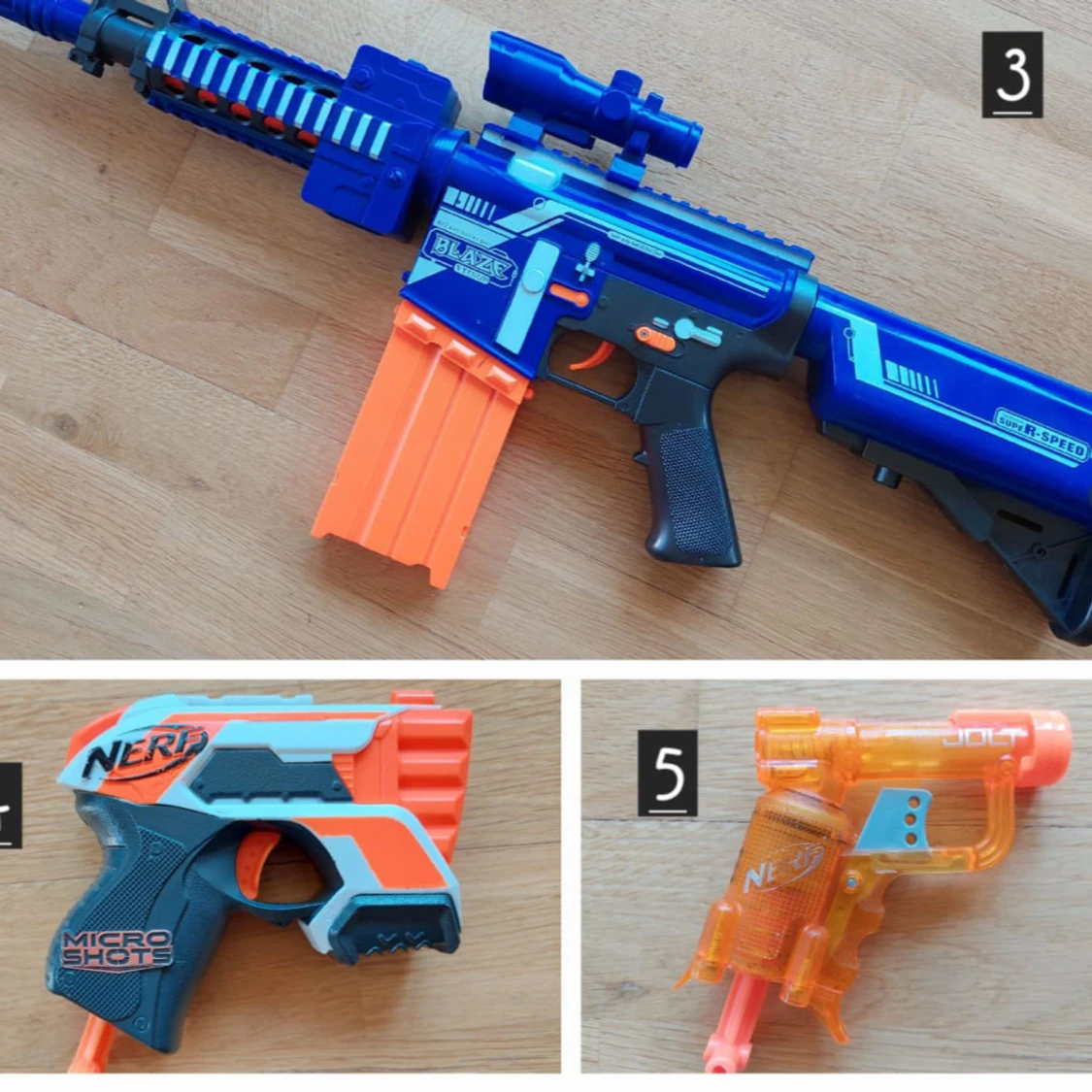 Den här bilden visar fem olika Nerf-leksaksvapen - 1