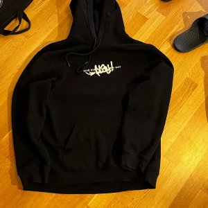 Svart hoodie - Svart hoodie med stor grafisk print på ryggen av en basketspelare och texten 'Play!'. Framsidan har tryck med text och snörning i huvan. Känguruficka framtill och mjukt material, perfekt för en sportig look. Hade inte haft den på mig mycket, har jätte liten lim fläck på armen från träslöjd en gång, men stiligt o är i en bra kondition.