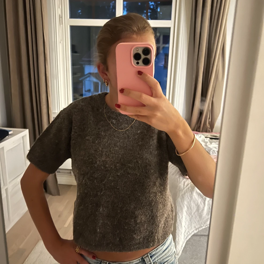 Brun stickad kortärmad tröja Gina Tricot