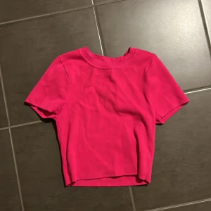 Rosa croppad topp från Zara - Säljer en snygg croppad topp från Zara i stark rosa färg. T-shirten har rund halsringning, korta ärmar och är tillverkad i ett mjukt bomullsmaterial. Perfekt att styla med höga jeans eller kjol för en trendig look.
