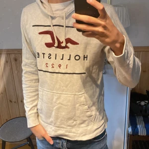 Ljusgrå hoodie från Hollister - Säljer en ljusgrå hoodie från Hollister med röd logga och text framtill. Tröjan har huva med snörning, magficka och långa ärmar. Perfekt för dig som gillar en avslappnad och stilren look. Bara höra av dig vid funderingar😁