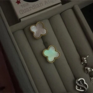 Guldplärterade fyrklöver örhängen - Säljer ett par snygga örhängen i form av fyrklöver med pärlemorskimrande insida och guldpläterad kant. Perfekta för dig som vill ha något unikt och stilrent i smyckeskrinet. Stiftmodell som sitter bekvämt på örat. Helt oanväbd då mina hål täppts till. Nypris 299kr. LÅDA TILLKOMMER