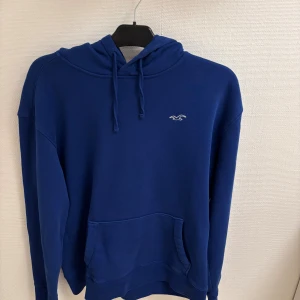 Blå hoodie från Hollister - Säljer en blå hoodie från Hollister Must-Have Collection. Tröjan har huva med snörning, en stor magficka och är långärmad. Perfekt för dig som gillar en enkel och stilren look. Klassisk Hollister-logga broderad på bröstet.