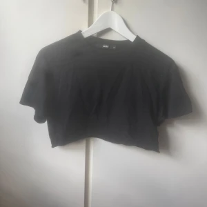 Svart croppad t-shirt från Bik Bok - En svart croppad topp från Bik Bok i enkel och stilren design. T-shirten har rund halsringning och korta ärmar, perfekt att matcha med höga jeans eller kjol. Säljer på grund av att det inte riktigt är min stil längre😊