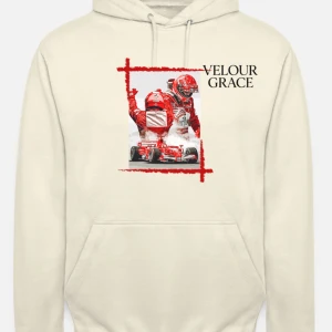 Vit hoodie Velour Grace Formel 1 - Snygg vit hoodie från Velour Grace med coolt och mordernt Formel 1-motiv i rött och svart på bröstet. Tröjan har huva med snörning och en magficka framtill. Perfekt för dig som vill ha en stilren och fett hoodie för ett bra pris.