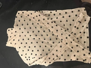 Beige mesh polotopp med svarta prickar - Säljer en transparent beige mesh polotopp med svarta prickar. Toppen har lång ärm och är figurnära med hög krage. 