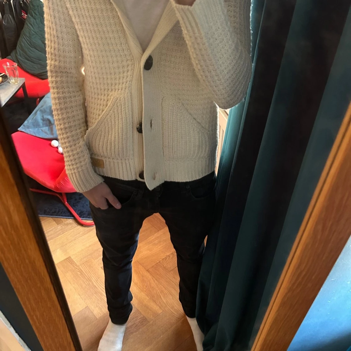 Stickad cardigan med päls luva - 2