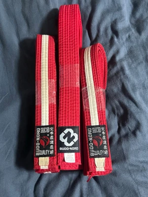 Röda Budo-Nord bälten karate/judo - Tre röda bälten från Budo-Nord, perfekta för karate eller judo. Två av bältena har vita ränder längs kanterna och tydliga kvalitetsmärken. Tillverkade i 55% bomull och 45% polyester. Längderna är 300 cm och 220 cm.