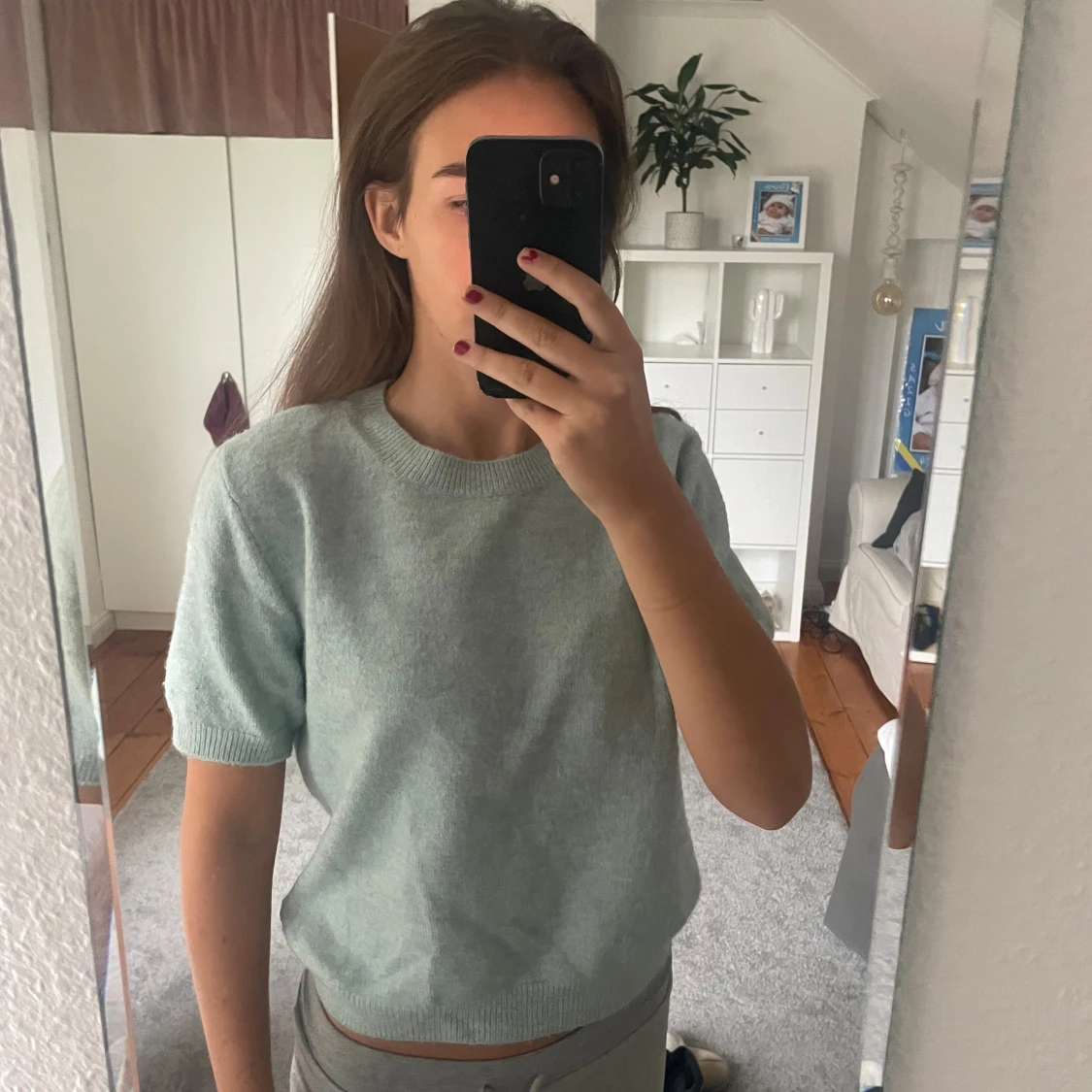 Mintgrön stickad kortärmad tröja - 1