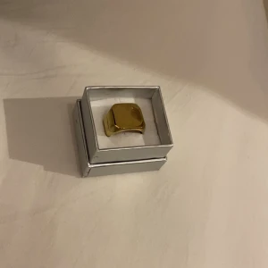 Guldfärgad chunky ring 18k platterad - Säljer en stilren och chunky guldfärgad ring med fyrkantig platta. Ringen har en blank finish och känns riktigt modern på fingret. Perfekt för dig som gillar att sticka ut med accessoarer. Levereras i snygg ask.