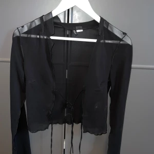 Svart bolerotopp från DIVIDED XS - Säljer en svart bolerotopp från DIVIDED i storlek XS. Toppen är croppad med långa ärmar och har transparenta meshdetaljer. Den knyts framtill med tunna band och har råa kanter för en edgy vibe. Perfekt att styla över linne eller klänning.