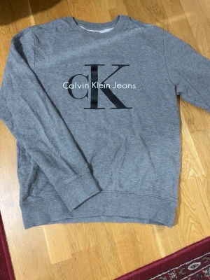 Calvin klein tröja - Grå långärmad sweatshirt från Calvin Klein med klassiskt CK-tryck på bröstet. Mjuk och skön i materialet, normal passform. Använd men i bra skick, inga hål eller fläckar. Perfekt för vardag eller chill outfits.