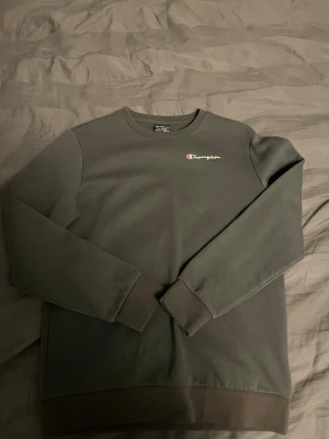 Mörkgrå sweatshirt från Champion - Säljer en stilren mörkgrå sweatshirt från Champion i storlek XL. Tröjan har rund halsringning, långa ärmar och broderad Champion-logga på bröstet. Tillverkad i mjuk bomullsmix som är skön att bära hela dagen.